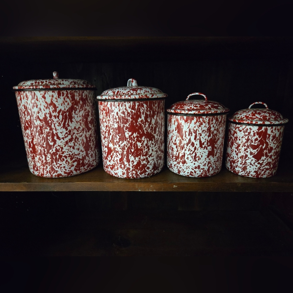 Vintage Red and White Speckled Enamel Canister